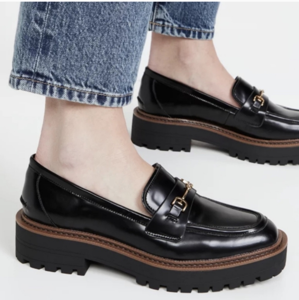 Sam Edelman Glossy Black Loafers with Gold Buckle